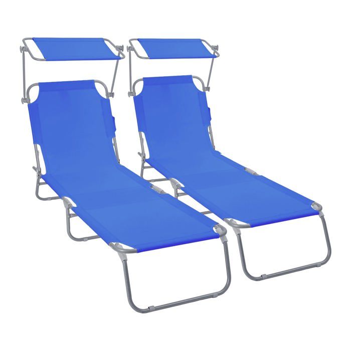 VOUNOT® Lot de 2 Chaise longue pliante avec pare soleil - Transat 4 positions - Bain de soleil portable en polyester - Bleu VOUNOT® Lot de 2 Chaise longue pliante avec pare soleil - Transat 4 positions - Bain de soleil portable en polyester - Bleu