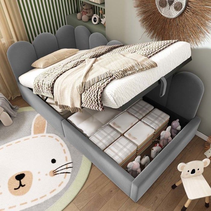 Lit enfant - Design ludique en damier - 90 x 190 cm - Rangement hydraulique - Velours gris
