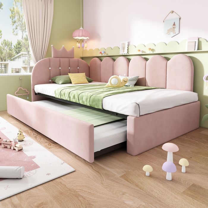 Lit Enfant Fille 90x200 Lit Gigogne avec Lit Roulant Escamotable 90x190 cm Design Couronne et Grillage Mignon en Velours Rose