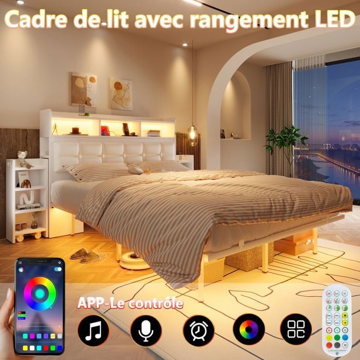 Lit double rembourré 140x190 cm Lit capitonné en PU avec éclairage LED tables de chevet coulissantes ports USB rangement - blanc