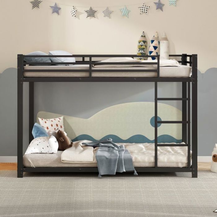 90 x 200 Lit superposé Lit classique en fer pour enfants et adultes avec sommier et escalier - Noir