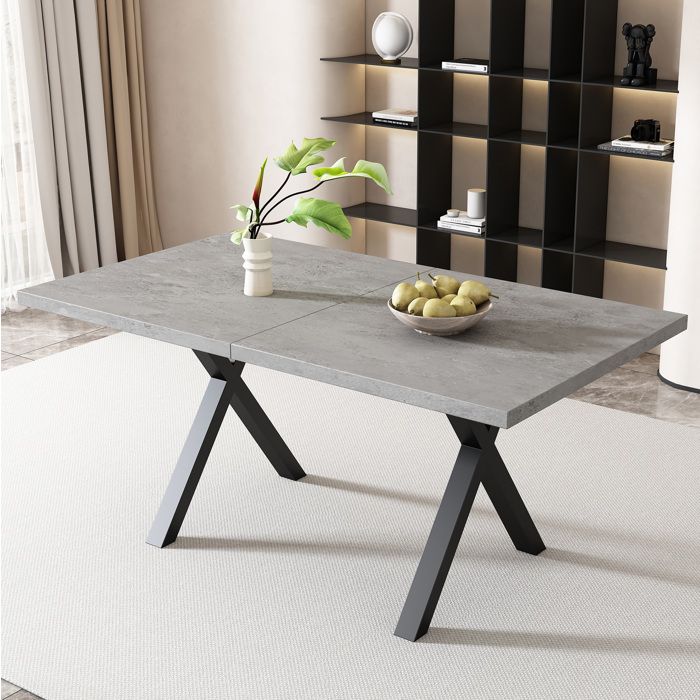 Table à manger rectangulaire 140×80×76 cm – piètement croisé métal. plateau MDF effet béton. style industriel. noir/gris