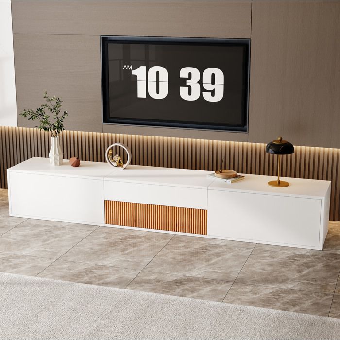 Meuble TV 180x34x30 cm avec tablette coulissante pour projecteur pose au sol ou murale panneaux particules blanc