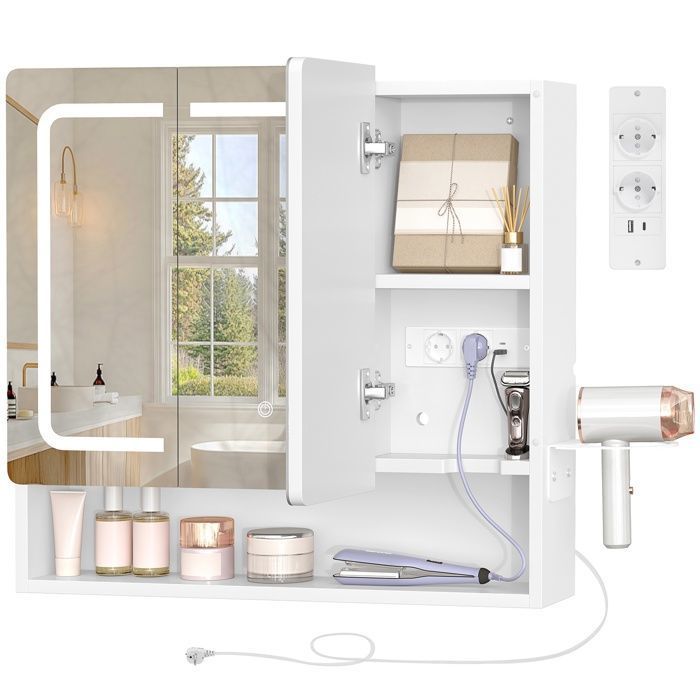 TEENFON Armoire à pharmacie avec station de recharge intégrée et 3 portes 4 étagèress 70×15×65cm blanc