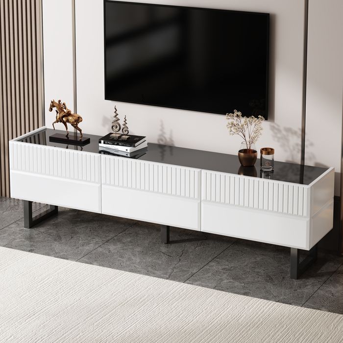 Meuble TV Noir Brillant et Blanc avec 3 Tiroirs et Pieds Métal 170 x 35 x 47 cm pour téléviseurs de 55 à 75 pouces