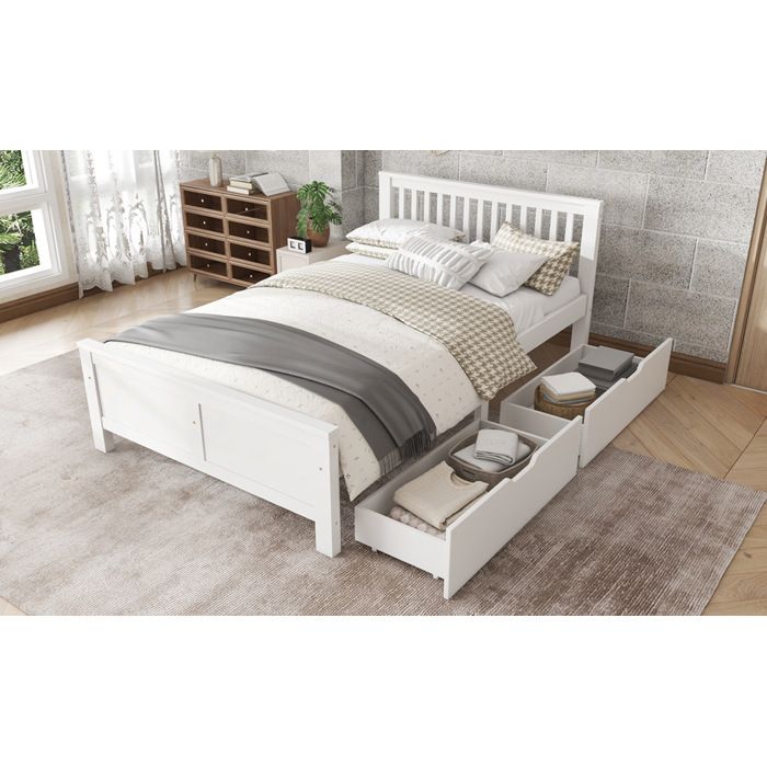 Lit double blanc 140×200 cm avec 2 tiroirs sommier à lattes inclus structure solide montage nécessaire