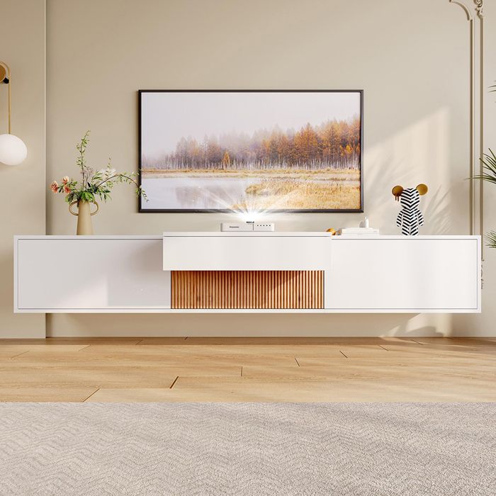 Meuble TV - design unique - 180x34x30 cm - tablette coulissante pour projecteur - blanc montage mural/pied