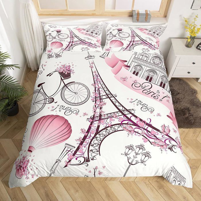 Parure de lit avec motif Tour Eiffel 140x200cm Motif romantique Paris Housse de couette Pour filles et femmes Vélo Ballons Fleurs