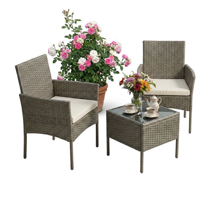 Relaxdays ensemble mobilier jardin 3 pièces salon en rotin 2 personnes 2 fauteuils & table verre lounge extérieur gris