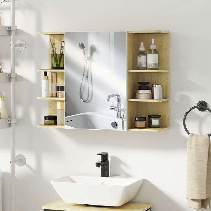 MOTHINESSTO4405-Armoire murale salle de bain avec miroir meuble salle de bain avec étagères ouvertes 80 x 20 x 59 cm bois naturel