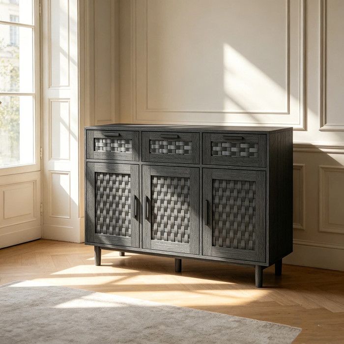 Commode design bohème en rotin -MSUIINT-3 Portes et 3 Tiroirs - meuble de rangement - Armoire Chambre Vintage-108x40x80cmNoir