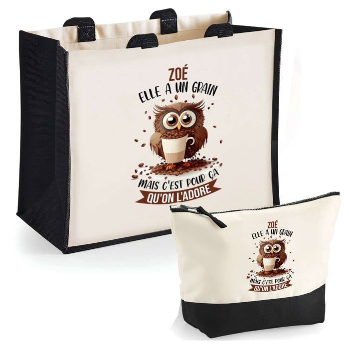 Tote bag - PLANETEE - Zoé Chouette Grain - Jute & coton - Duo sac + trousse - Personnalisable