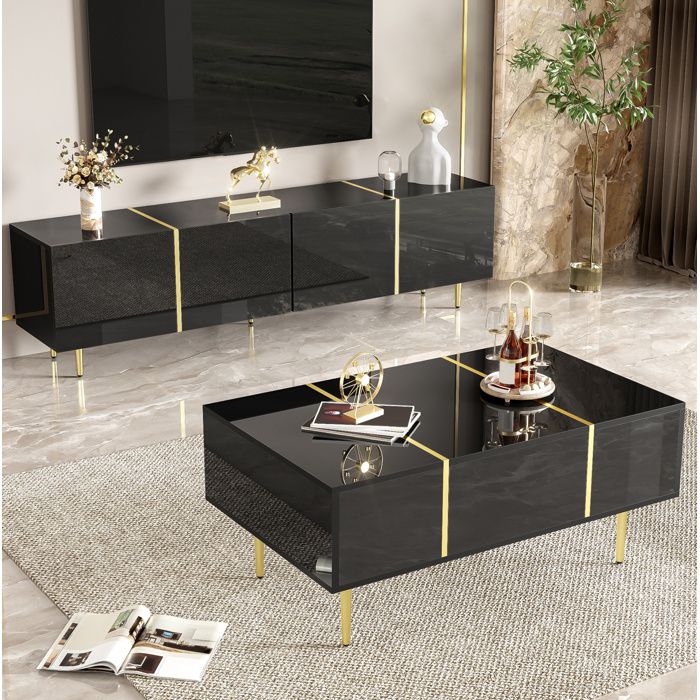 Ensemble meuble TV et table basse noir brillant avec rangements