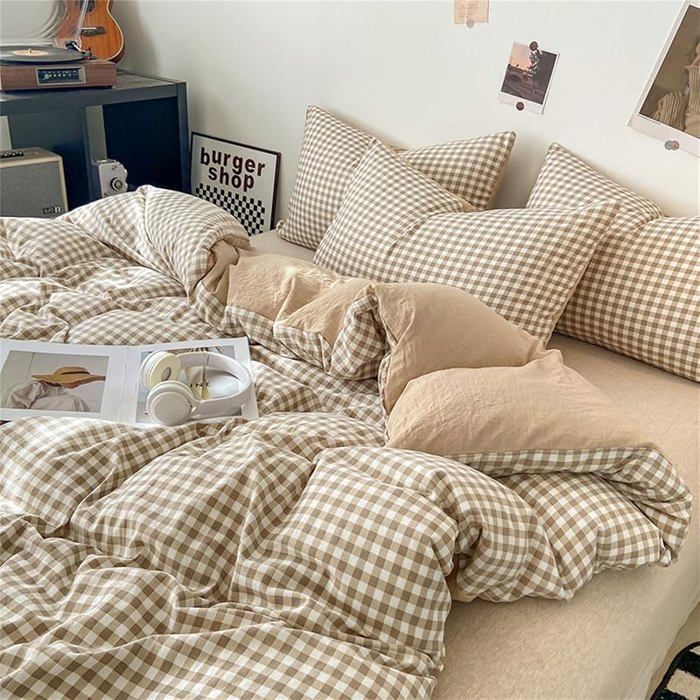 Covebett Housse de Couette 220x240 à Carreaux Beige et Marron Parure de Lit Adulte 2 220 x 240 + 2 x 65 x 65 Beige et Marron