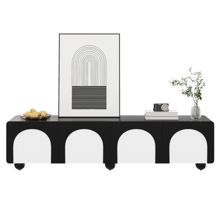 Panneau et meuble TV bas 2 portes 2 tiroirs style classique noir et blanc 180 x 38 x 45 cm