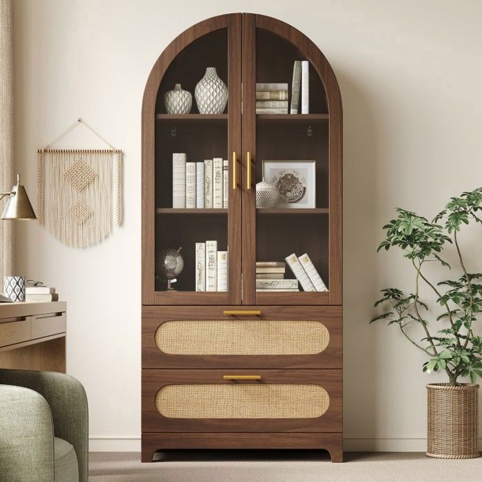 Vitrine arche style rétro noyer 175×80×40cm 2 tiroirs étagères ajustables