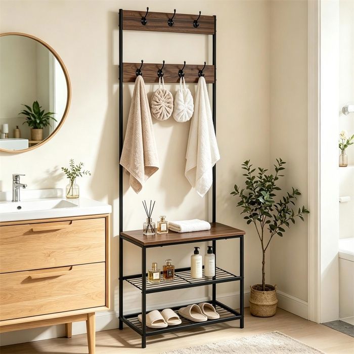 Vestiaire dentrée porte-manteau - 60x31.5x170 cm - meuble penderie étagères rangement bois métal - Bois Foncé