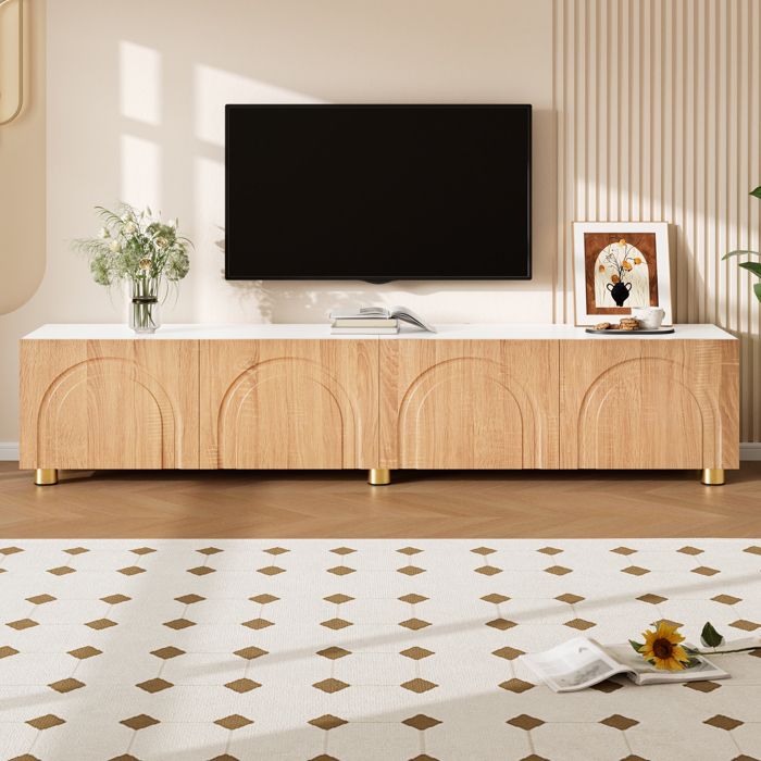 Meuble TV 180 x 35 x 40 cm à 4 portes avec relief arche pieds métal dorés blanc et bois naturel