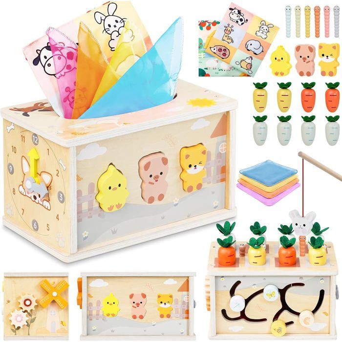 Jouet Bebe 1 an6 en 1 Jouet en Bois Bébé Boîte à MouchoirsJeux Montessori 1 2 anJouet Sensoriel Fille Garcon 1 2 3 Ans- Cadeau