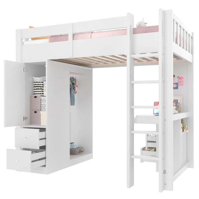 Lit surélevé 90x200 blanc bureau intégré 4 tiroirs 1 armoire dressing ouvert LED + USB