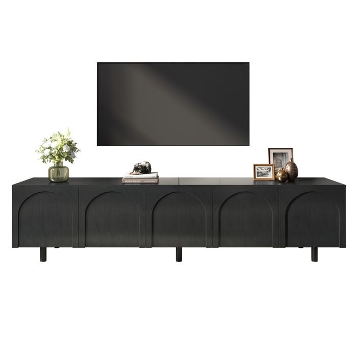 Meuble TV Design 5 Portes - Bas de Télévision avec Pieds Métalliques Grand Rangement Salon en PB et MDF-Noir