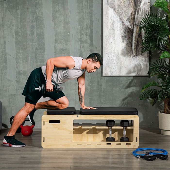 Banc de musculation avec support dhaltères panier de rangement 6 positions bois massif naturel et noir