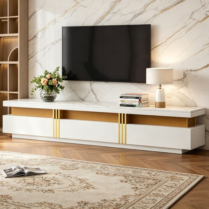 Meuble TV blanc 200 cm - Meuble de salon - moderne avec 3 tiroirs et design marbre - Meuble télévision avec rangement