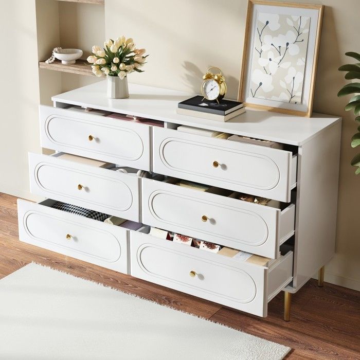Buffet Bahut Blanc 120x40x75cm Commode 6 Tiroirs Niches Ovales Pieds Métal Meuble Rangement Moderne Salon
