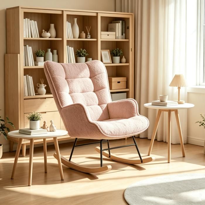 Fauteuil à Bascule scandinave rocking chair avec pieds en bois pour chambre d enfant à coucher salon balcon velours teddy rose