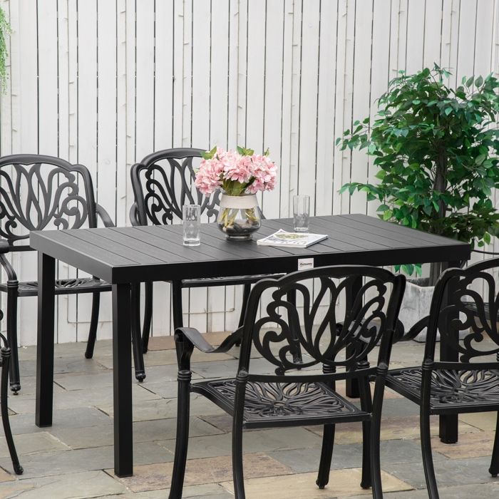 Table de jardin rectangulaire 6 personnes 140 x 90 x 74 cm noir plateau à lattes structure en aluminium