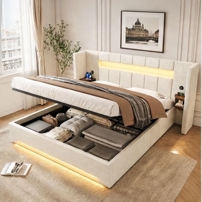 Lit coffre en velours beige avec tête de lit large USB et LED 160×200 cm