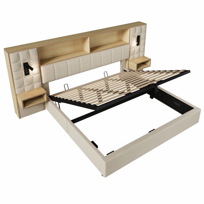 Lit Double rembourré 180x200 lin beige rangement LED USB-C 2 chevets lampes sommier lattes Sans Matelas