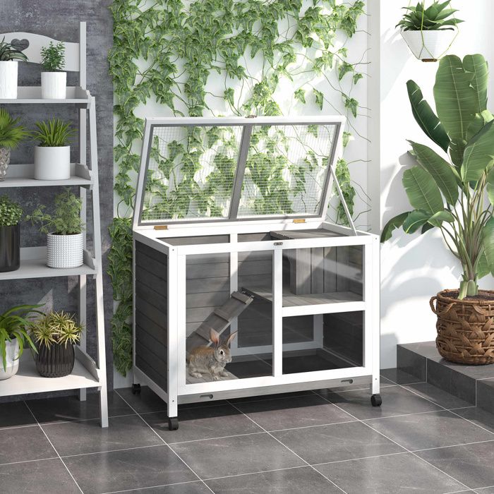 Clapier en bois à 2 niveaux - Maisonnette 915 x 533 x 73 cm - 4 roues pivotantes - Bac amovible - Rampe