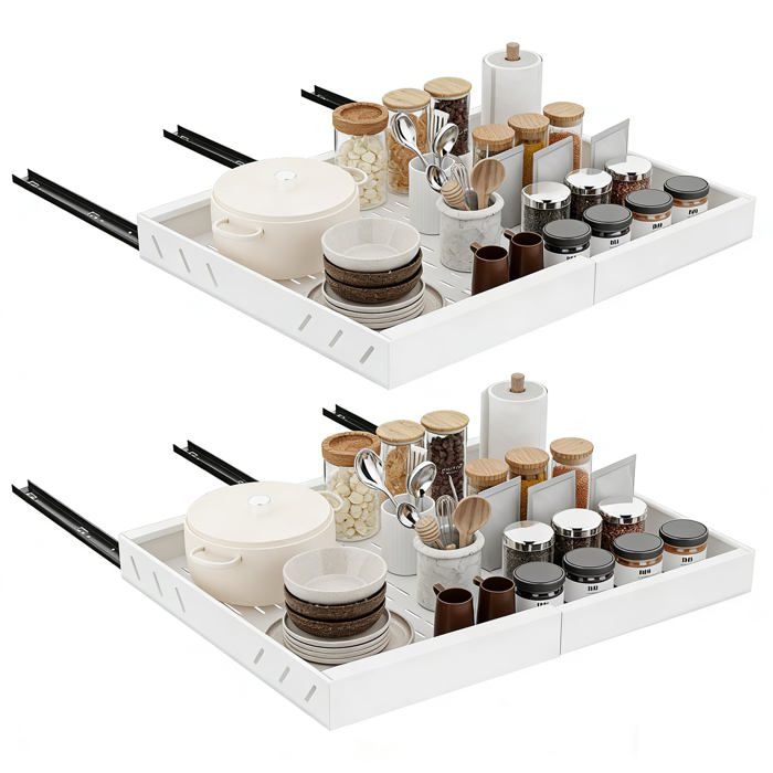 Lot de 2 tiroirs amovibles cuisine acier au carbone largeur réglable 32 à 52 cm épices assiettes rails coulissants blanc