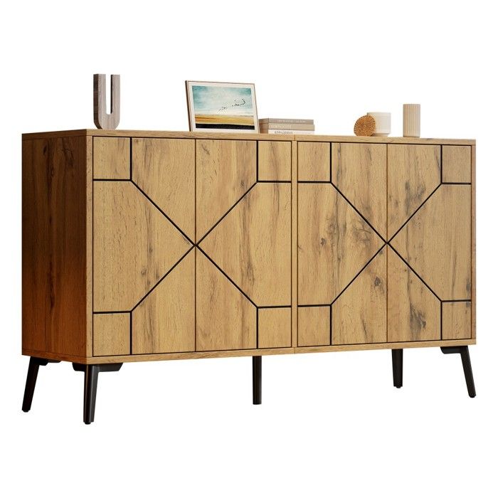 Buffet Bahut 120x35x69cm Bois Naturel Motif Ondulé Quatre Portes Fermeture Ressort MDF Pour Salon Bureau Et Salle À Manger Buffet Bahut 120x35x69cm Bois Naturel Motif Ondulé Quatre Portes Fermeture Ressort MDF Pour Salon Bureau Et Salle À Manger