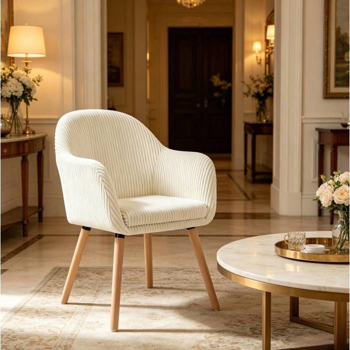 chaise avec accoudoirs SENVIRO 53 5 x 46 x 83 5 cm en velours cotele beige avec pieds en bois et renforts en metal