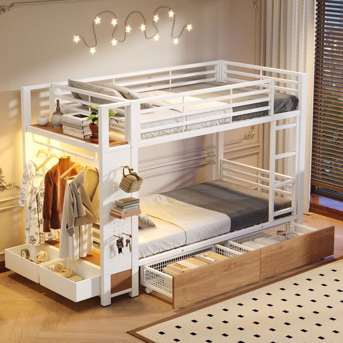 Lit superposé enfant 2 places 90×200 cm Lit adolescent Lit simple en métal avec LED tringle à vêtements 4 tiroirs étagères blanc