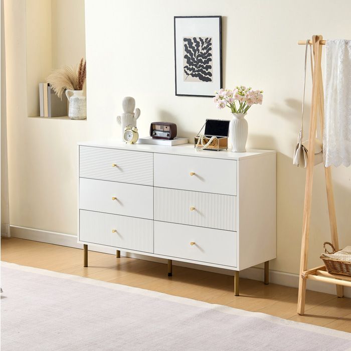 Commode 6 tiroirs AESVAR 120 x 40 x 78 cm en MDF blanc avec poignées en alliage de zinc et pieds en acier