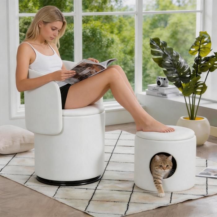 Fauteuil dappoint - WESTYLE - Fassstuhl - 360° pivotant silencieux - Rangement intégré - Velours blanc