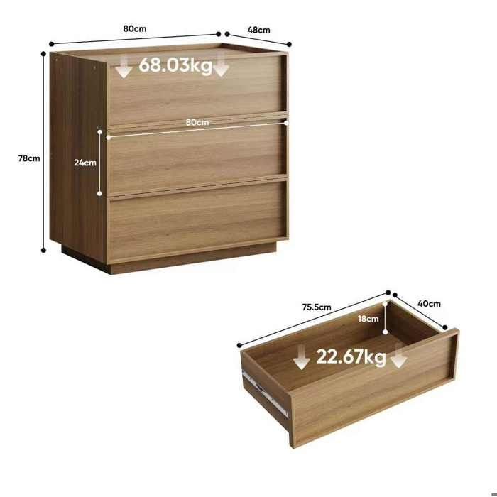 Commode 3 tiroirs 80 x 48 x 78 cm chêne – sans poignées anti-basculement
