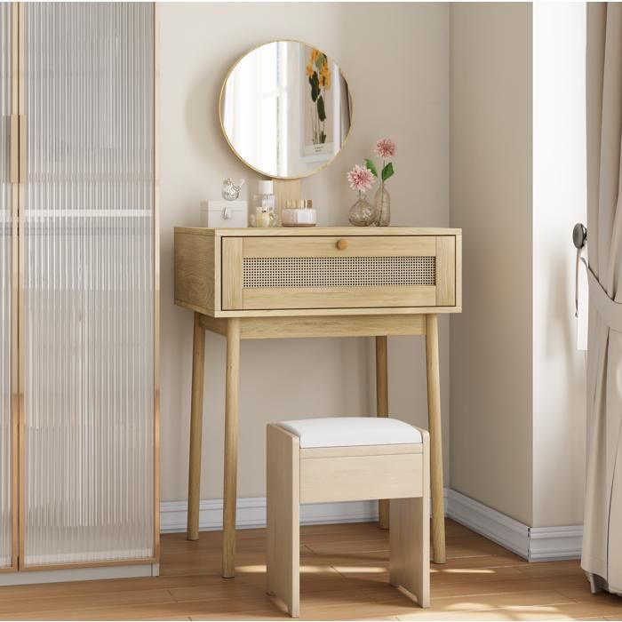 Coiffeuse avec miroir rond 60 x 50 x 128 cm chene 1 tiroir sans chaise
