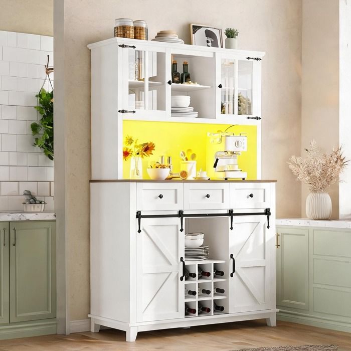 Buffet haut blanc mat en MDF 105x38.4x180 cm avec éclairage LED et porte vitrée coulissante