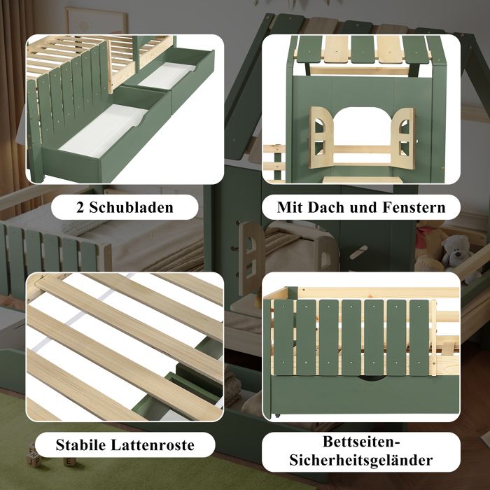 Lit Cabane Enfant 90×200 cm avec Fenêtre 2 Tiroirs et Barrière Sans Matelas en Bois et MDF Vert Naturel