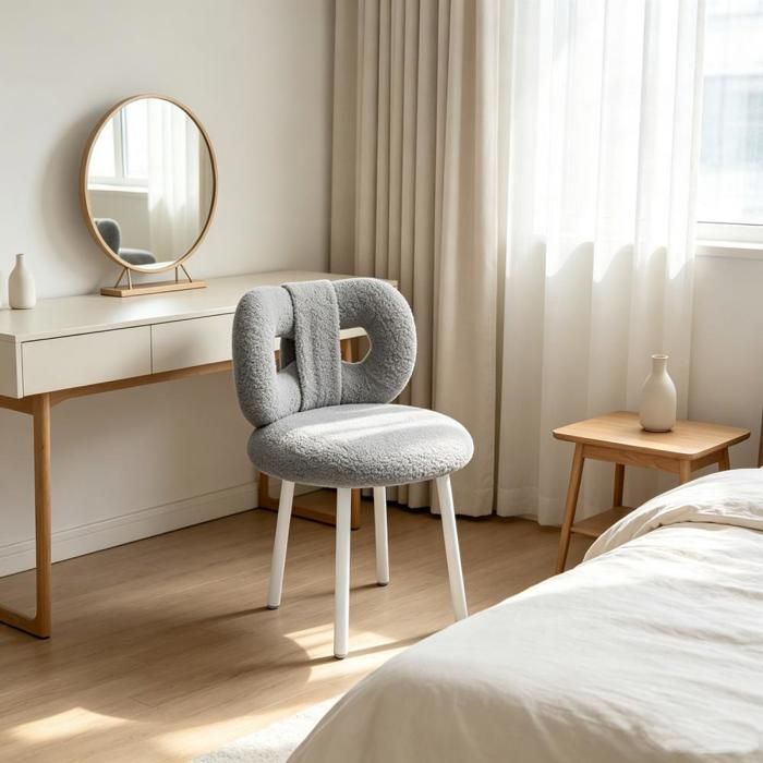 VIVOLILV Chaise de Coiffeuse avec dossier à nœud papillon Peluche Teddy Gris Fauteuil Maquillage Style Minimaliste.45x45x67 cm