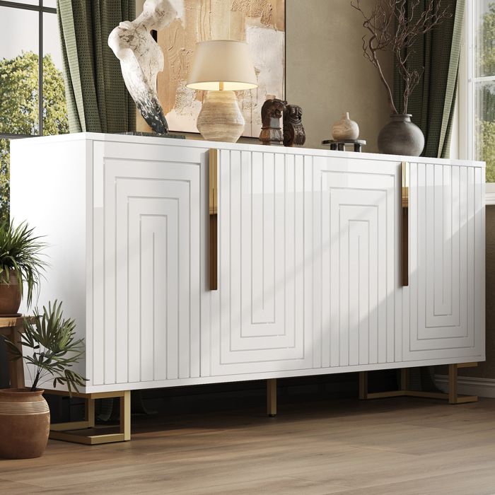 Buffet blanc 2 portes 152 cm sideboard de rangement géométrique avec 4 compartiments pieds métal doré MDF JOINERY