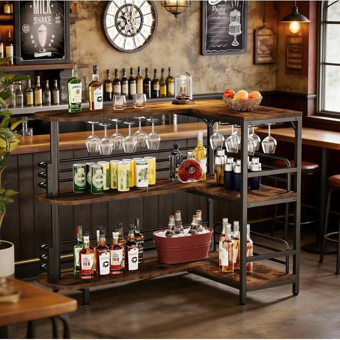 Meuble bar d’angle en L – 120 x 90 x 110 cm – 3 niveaux 6 porte-verres – noir et marron rustique