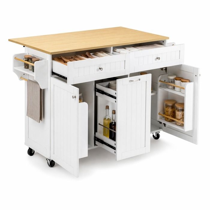 Îlot central de cuisine à roulettes – Blanc et bois naturel – Plan de travail extensible – Tiroirs multifonctions