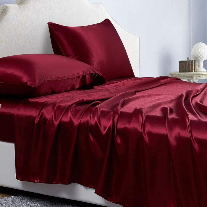 Parure de lit satin uni 200*200 cm 4 pièces Drap‑housse grand bonnet 36 cm- Rouge Vineux