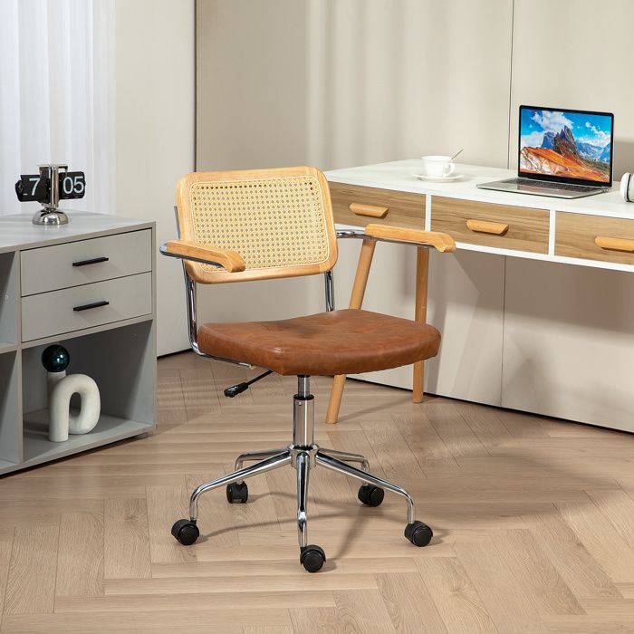 Chaise de bureau - Fauteuil de bureau - Rotin PE - Réglable hauteur & basculant - Revêtement simili marron
