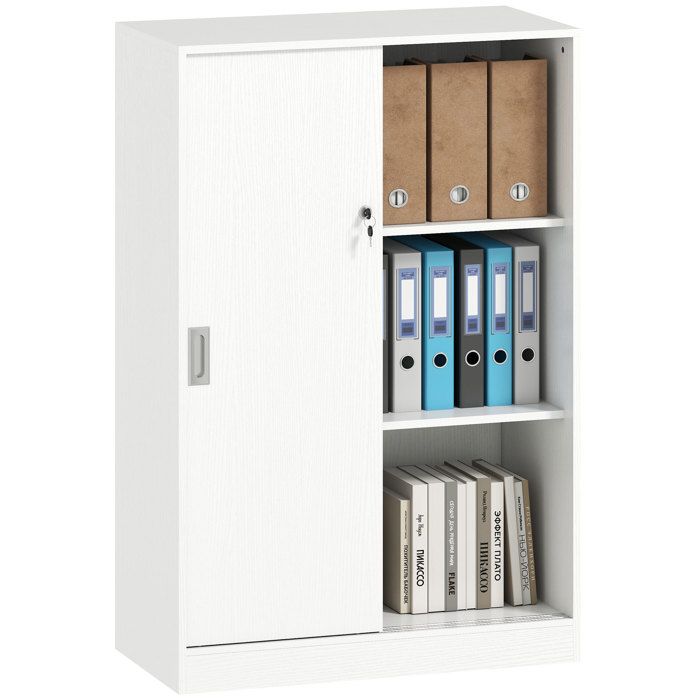 Armoire de Bureau 2 Portes coulissantes verrouillables dim. 80L x 40l x 120H cm 2 étagères en Bois Blanc